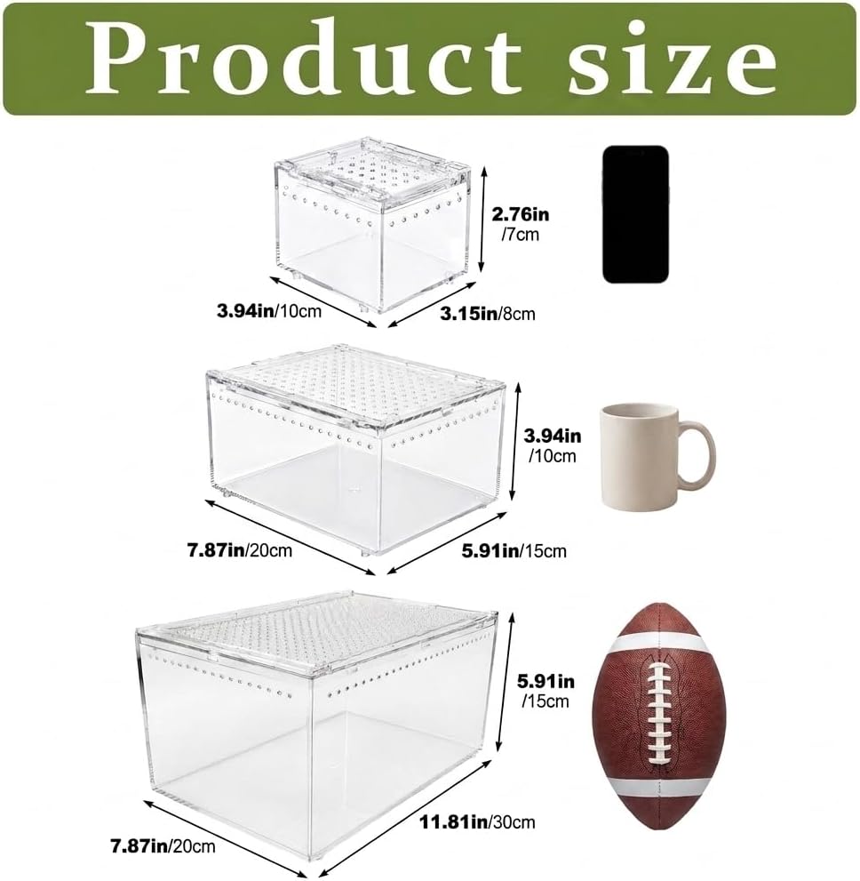 Large Clear PC Reptile Terrarium, 11.81×7.87×5.91 Inch Ventilated Habitat with Magnetic Door for Gecko, Frog