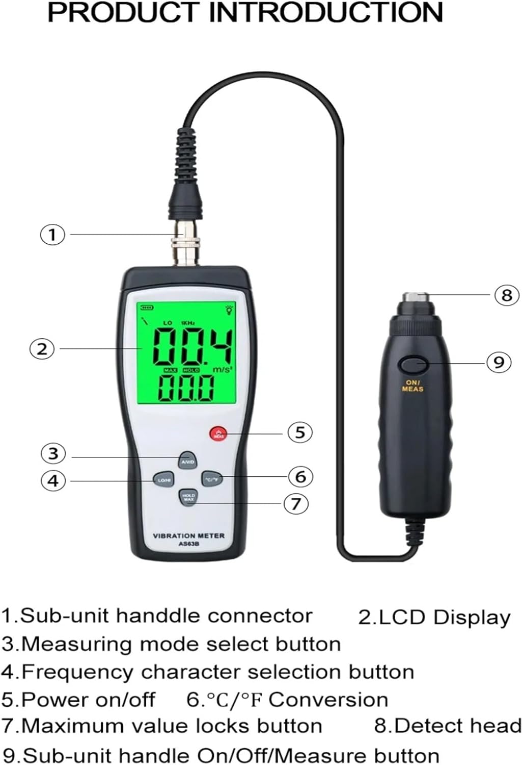 AS63B Portable LCD Vibration Analyzer Tester Meter Vibrometer Gauge Tester Analyzer 0.1-199.9m/s Vibration Tester Analyzer