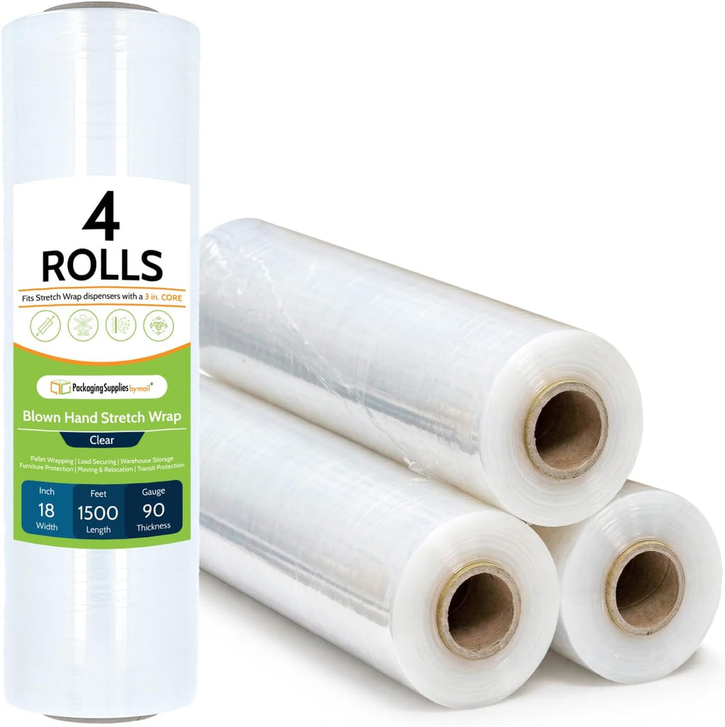 PSBM Blown Hand Stretch Wrap/Shrink Film 18" x 1500 feet 90 Gauge 4 Rolls