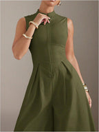 Women's Summer Zipper Front Mock Neck Wide Leg Elegant Jumpsuit