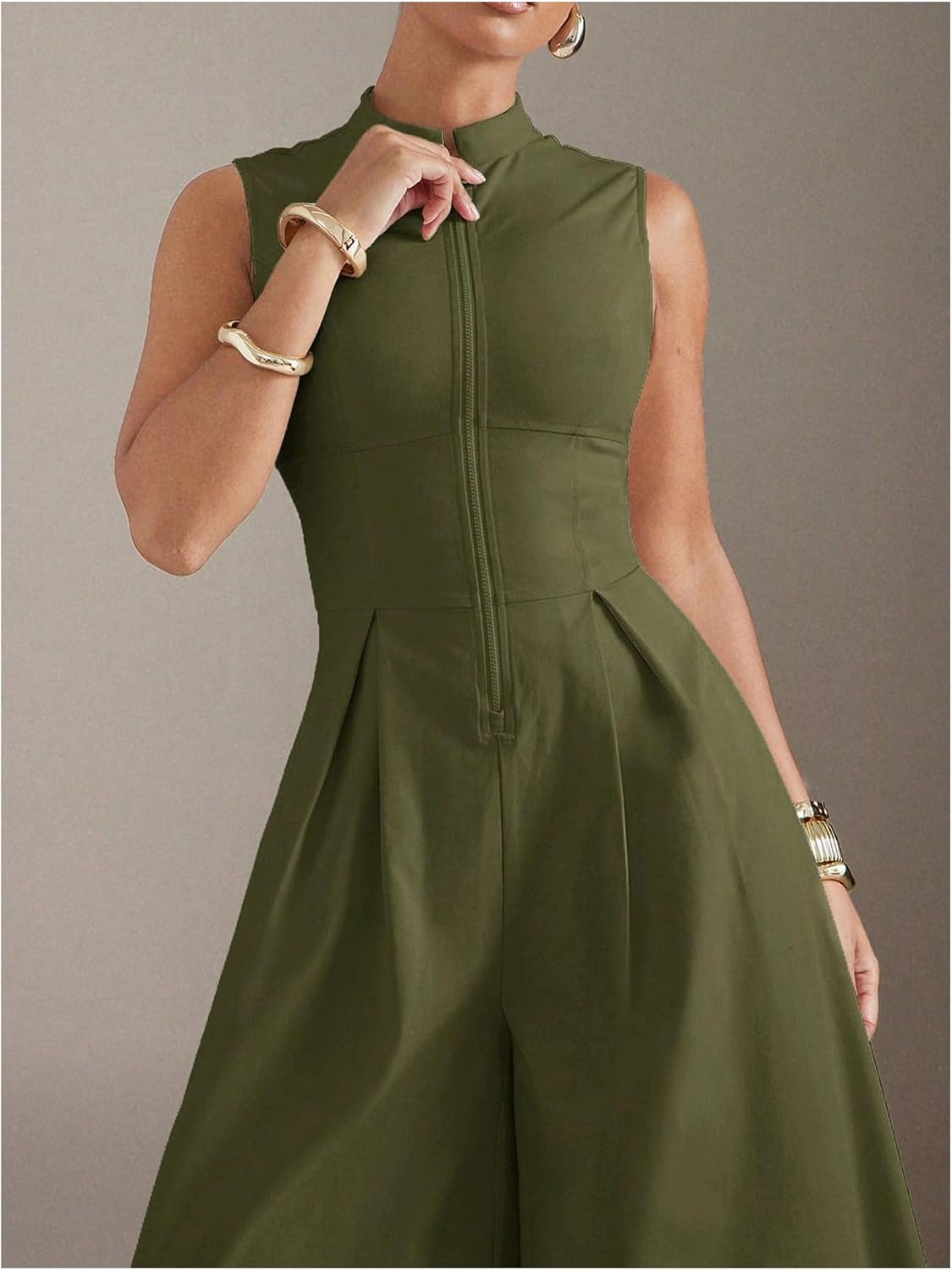 Women's Summer Zipper Front Mock Neck Wide Leg Elegant Jumpsuit