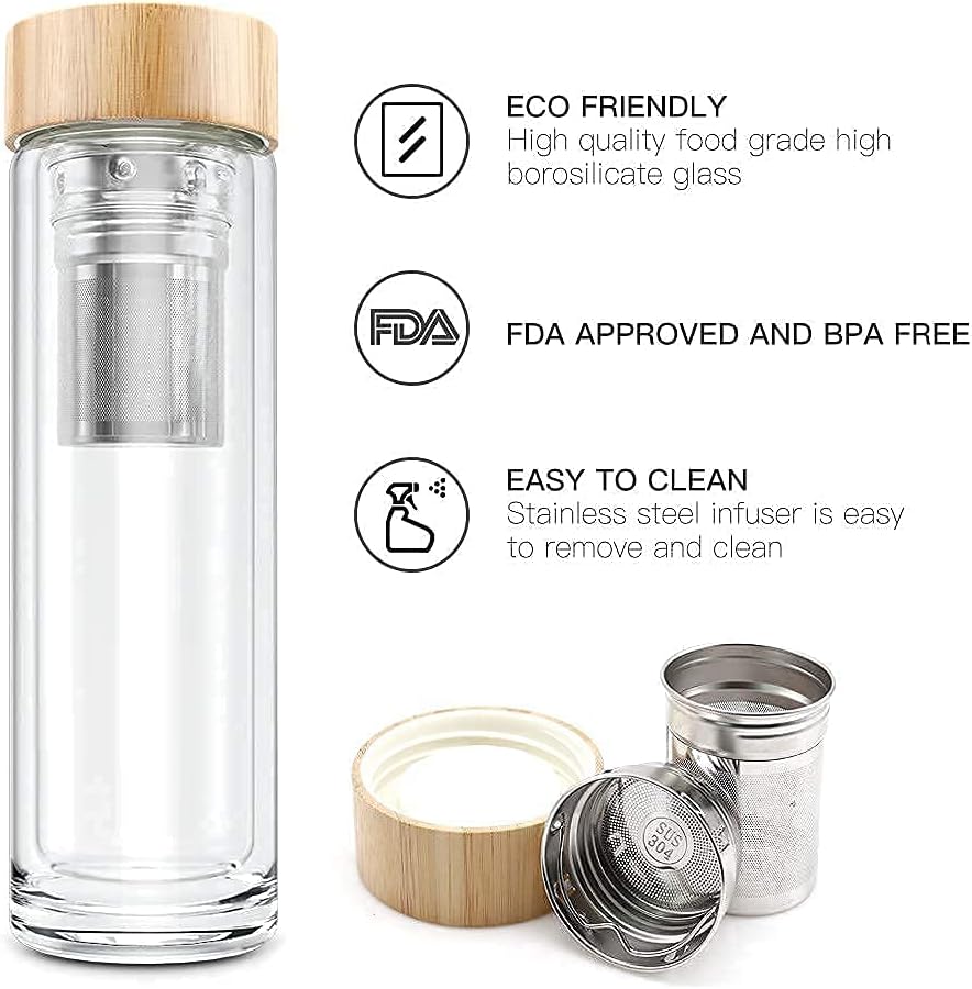 Tea Bottle, 14 oz, Borosilicate Glass, Double Wall, Infuser & Strainer, Bamboo Lid, 400ml