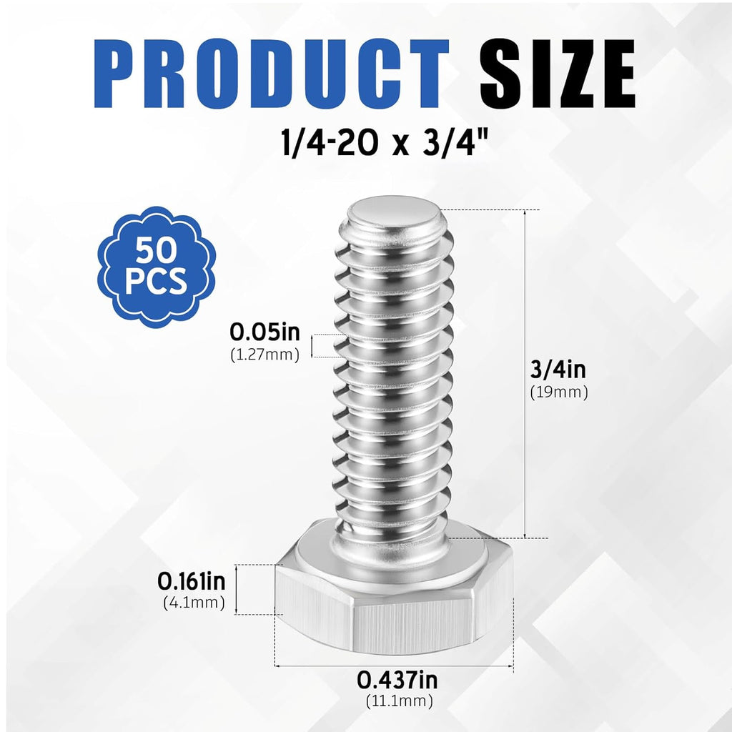 Zonon 50 Pcs 1/4-20 x 3/4" Hex Head Screw Bolt, Silver