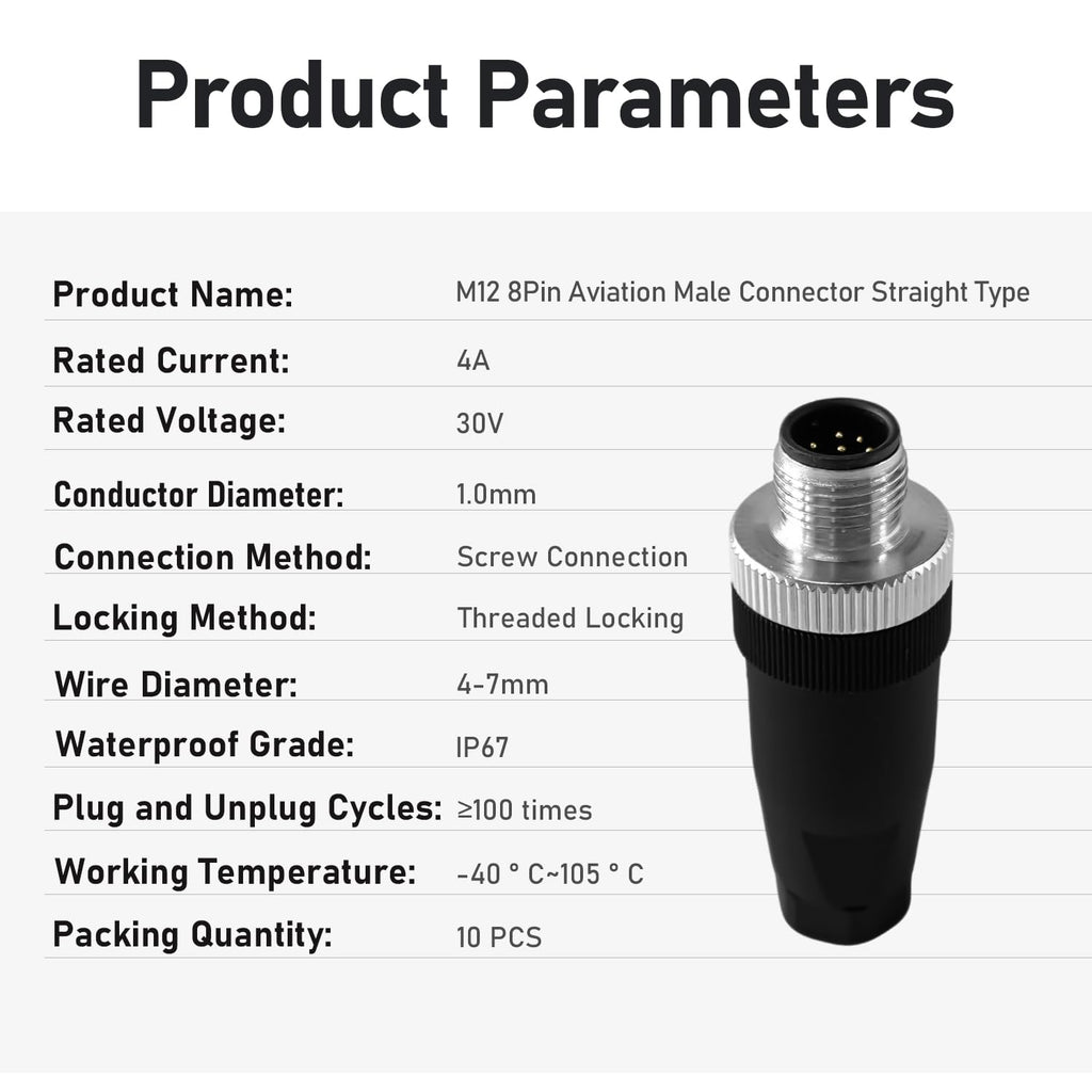 10Pcs M12 8Pin Male Industrial Aviation Connector (A-Code) Waterproof, Sensor Plug Field-Assemblable 12mm Circular Socket Panels Adapter IP67