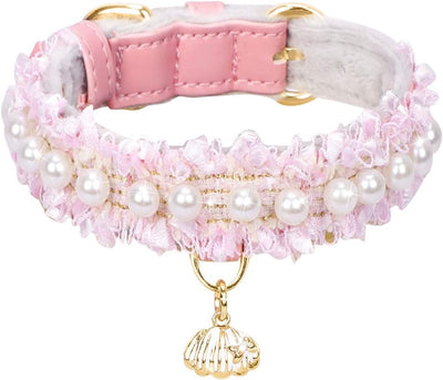 Premium PU Leather Cat and Dog Collar with Shell Pendant - Adjustable, Cute Pearl, Beautiful Lace, Small Pink