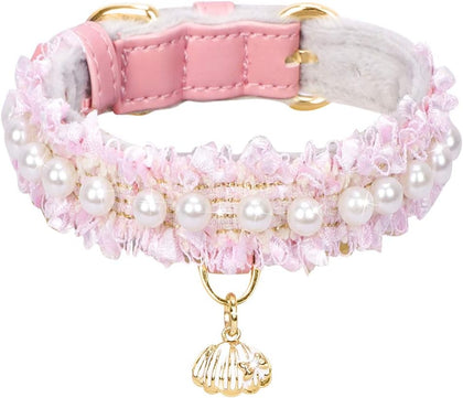 Premium PU Leather Cat and Dog Collar with Shell Pendant - Adjustable, Cute Pearl, Beautiful Lace, Small Pink