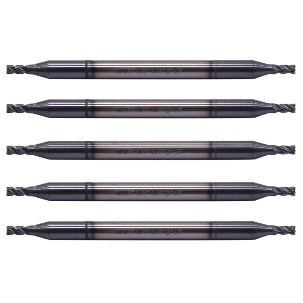 5Pcs 1/16" 4 Flute Solid Carbide Square End Mill, Double End, AlTiN Coated