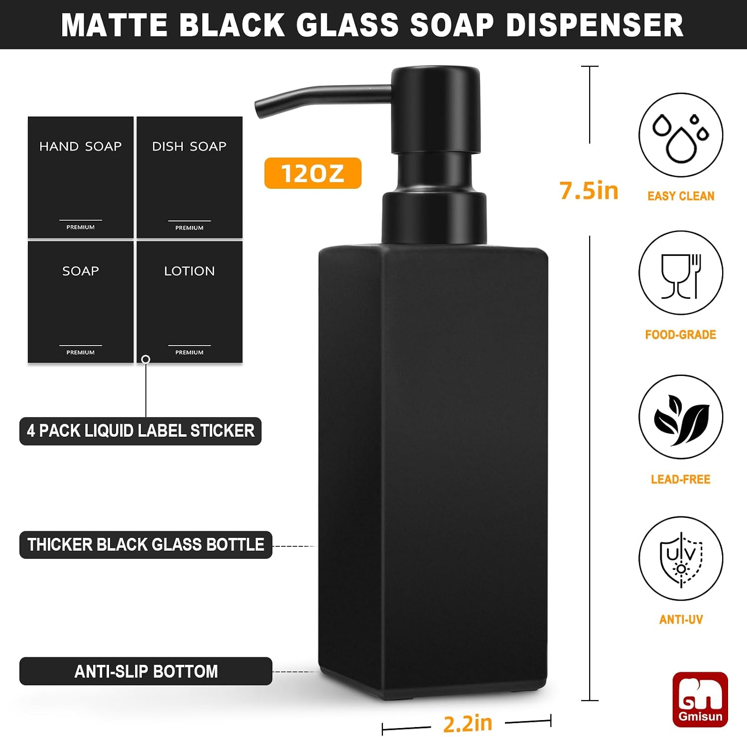 Black Soap Dispenser, Hand Soap Dispenser Bathroom, 12oz Glass Soap Dispenser with Stainless Steel Pump, Liquid Dish