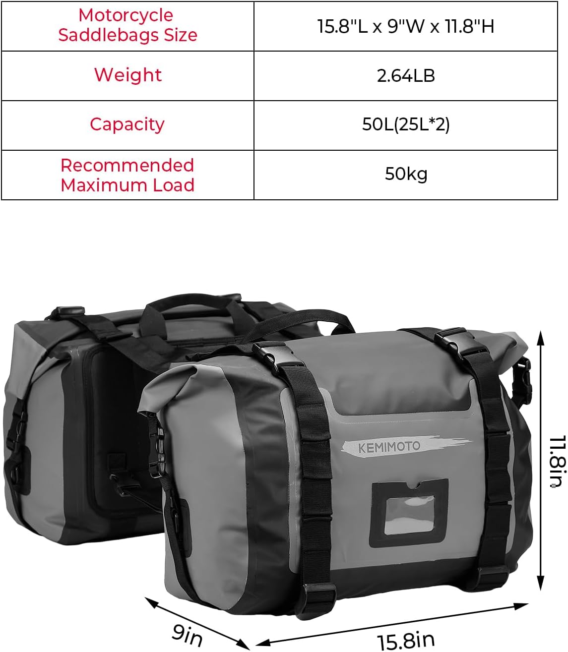 Waterproof Motorcycle Saddlebags 50L(25Lx2) Large Luggage Side Bag | Adventure Dual Sport Bike Side Saddle Bags for