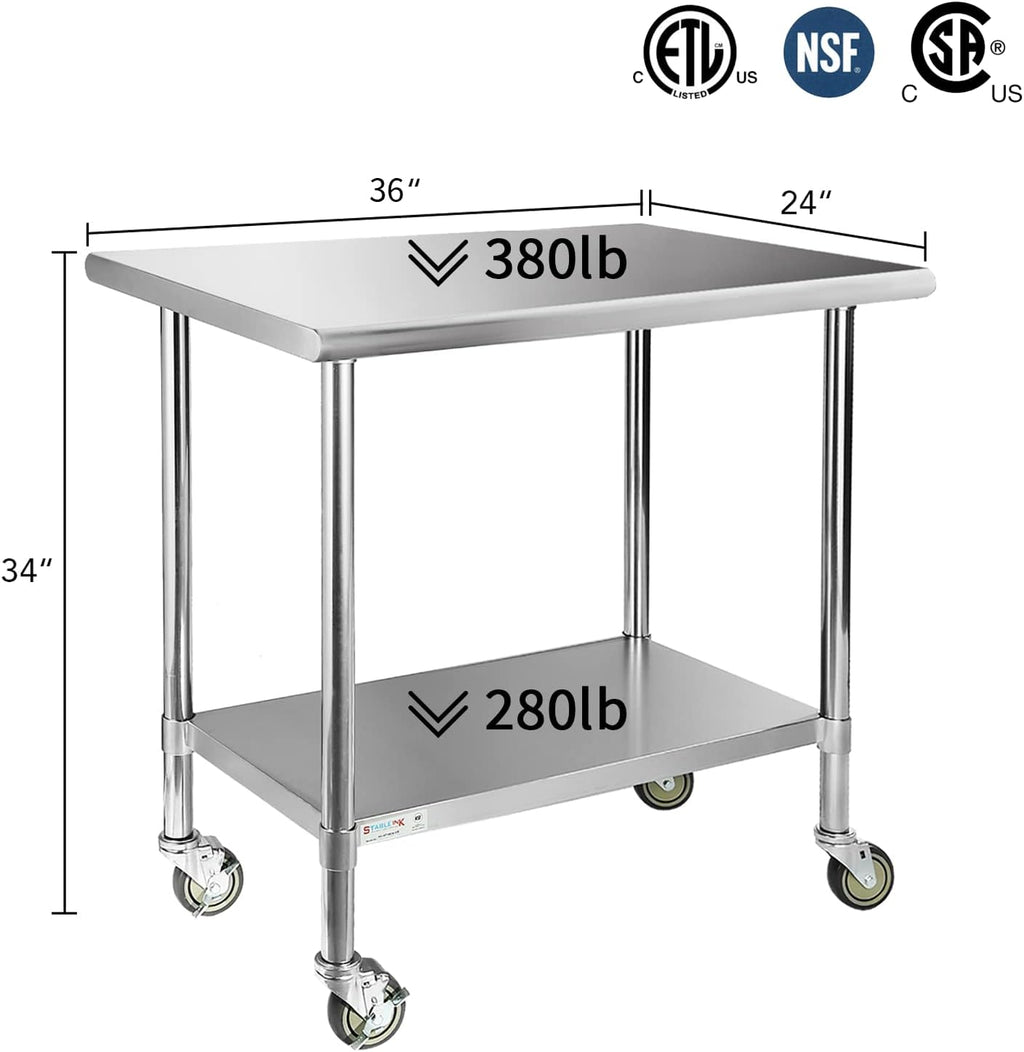 Stainless Steel Table with Wheels 36x24 Inches 3ft for Prep