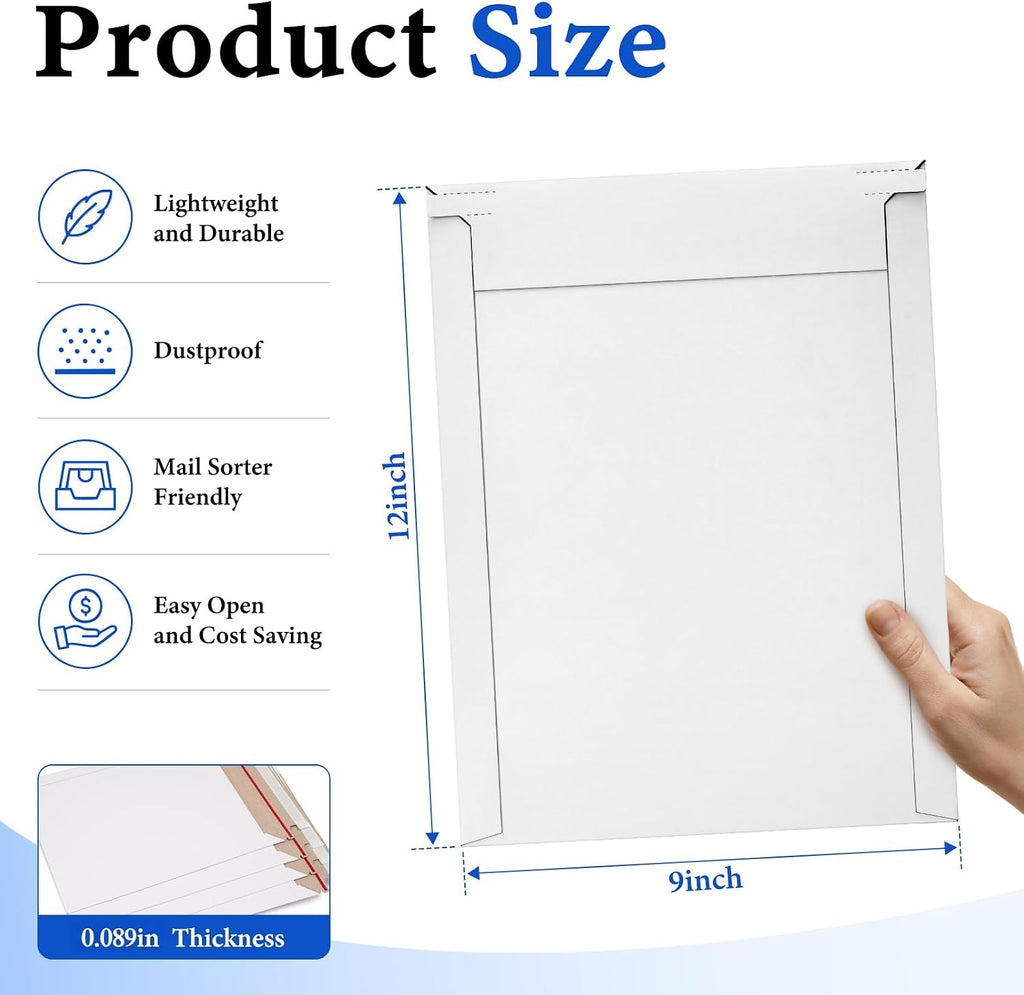 50 Pack White Rigid Mailers, 9"x12" Self Seal Document Mailer Stay Flat Cardboard Mailers Shipping Envelopes for