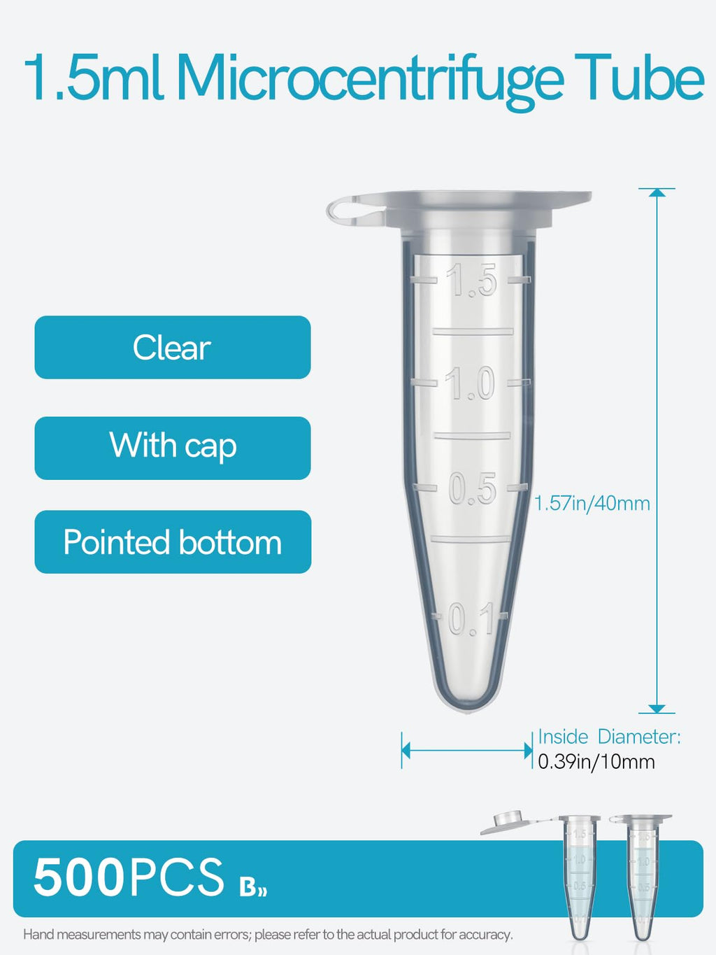 1.5ml Microcentrifuge Tubes 500PCS, Max. RCF 13,000xg