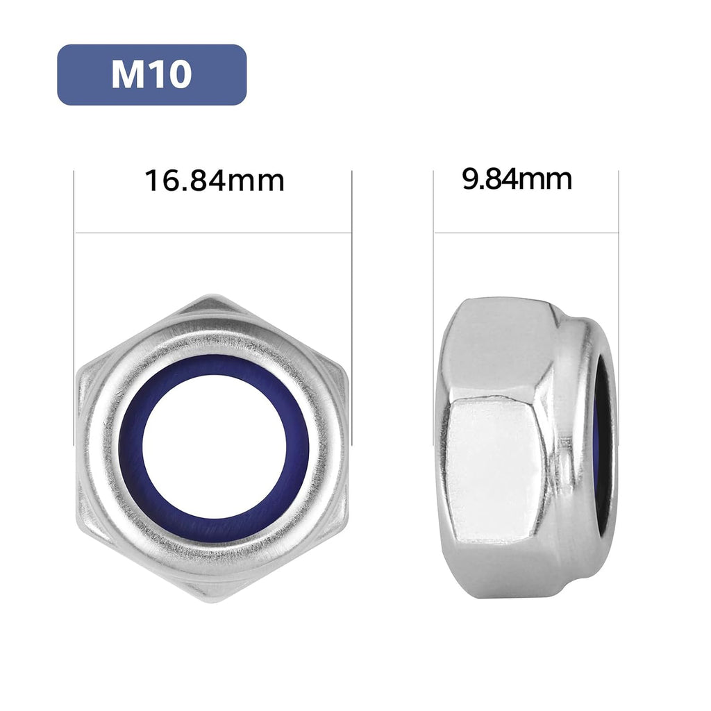 10Pcs M10-1.5 Lock Nuts, Nylon Insert Locknuts 304 Stainless Steel 18-8 SS A2-70 Self-Locking Nuts, Coarse Thread Hex Nylock Nut