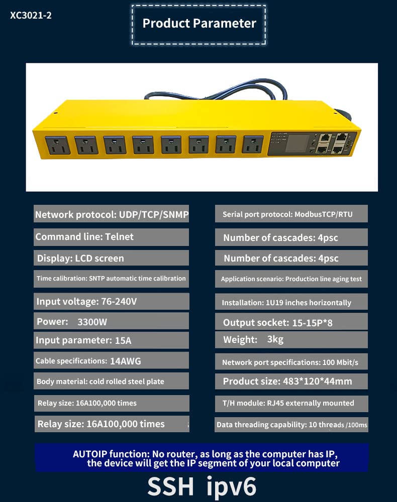 Smart PDU Cabinet Socket 8-Port 15 amps SSH telnet SNMP 485modbus- RTU Programming Development Network Remote Control
