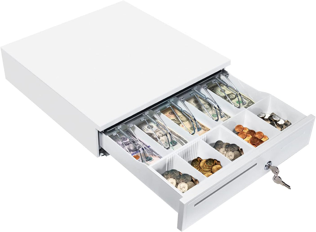 White Cash Register Drawer 16" White 5 Bill 5 Coin RJ11 RJ12 | Wide drawer with removable coin tray and 2 key-lock