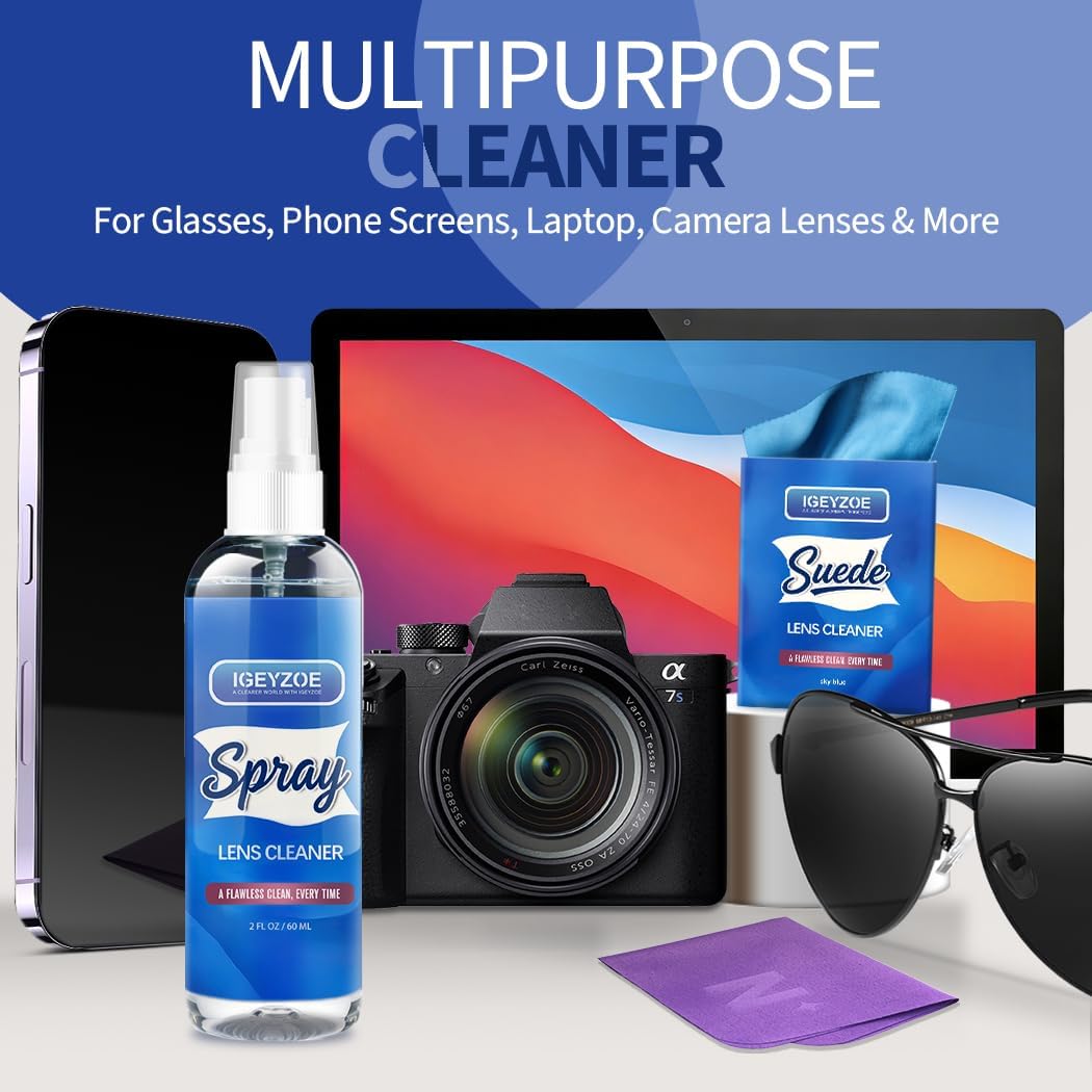 Eyeglass Lens Cleaner Spray Kit - (2x2oz) Glasses Cleaner Bottle + (4X) Microfiber Cloth 6.9"×5.7", Alcohol Free