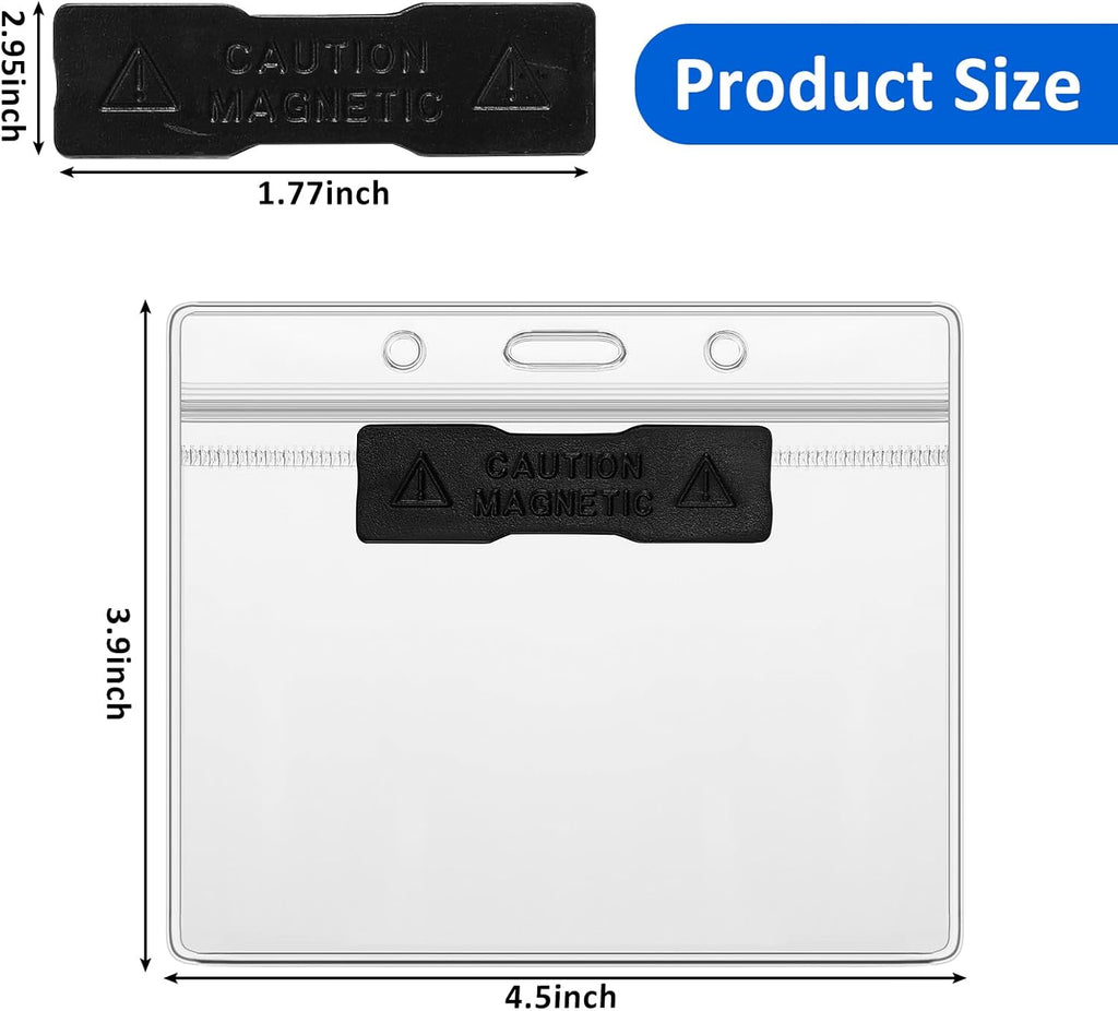 100 Pack Magnetic Name Badge Holders 4.5" x 3.9" Clear PVC Horizontal ID Card Holder with Magnet Backing, Waterproof