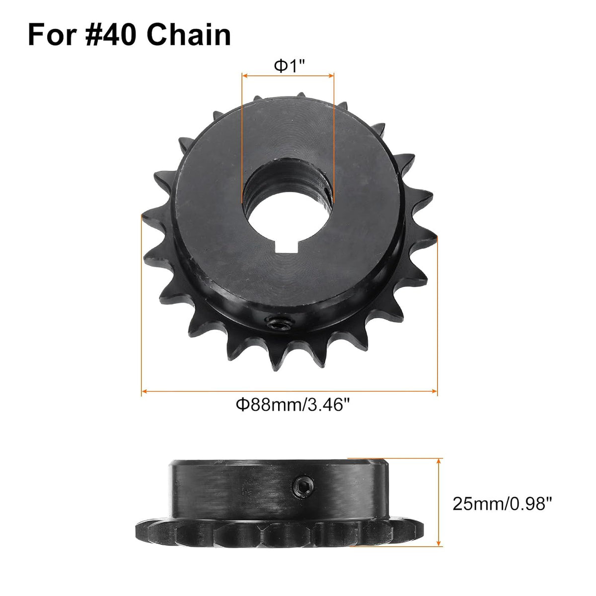 uxcell #40 Chain Roller Sprocket B Type, 1" Bore 20 Tooth Single Strand Chain Sprocket, Carbon Steel, Keyway with Set Screws