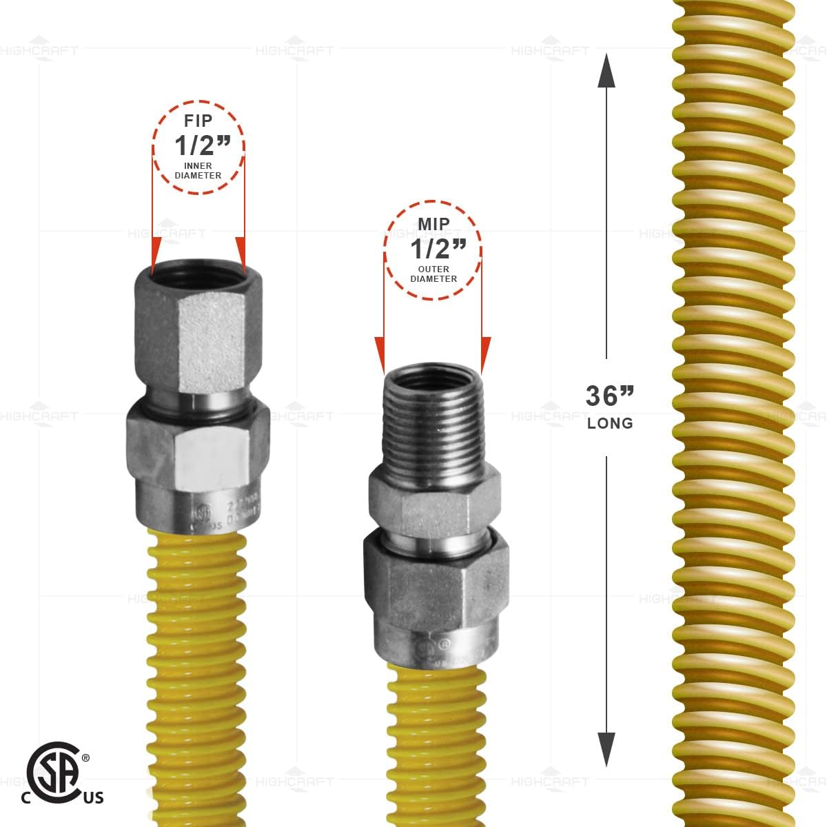 Gas Connector 36 inch Yellow Coated Stainless Steel, 1/2” OD Flexible Gas Hose Connector for Dryer and Water Heater, with 1/2” FIP x 1/2” MIP Stainless Steel Fittings, 36” Gas Appliance Supply Line