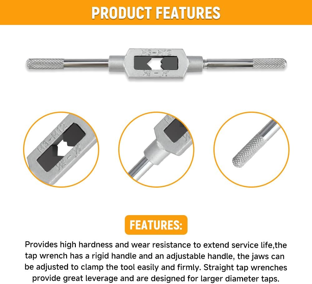 Hoteche 8 pcs Taps Set with Adjustable Tap Wrench 1/16-1/2'' for Internal and External Threading Taps Size M3 M4 M5 M6 M8 M10 M12