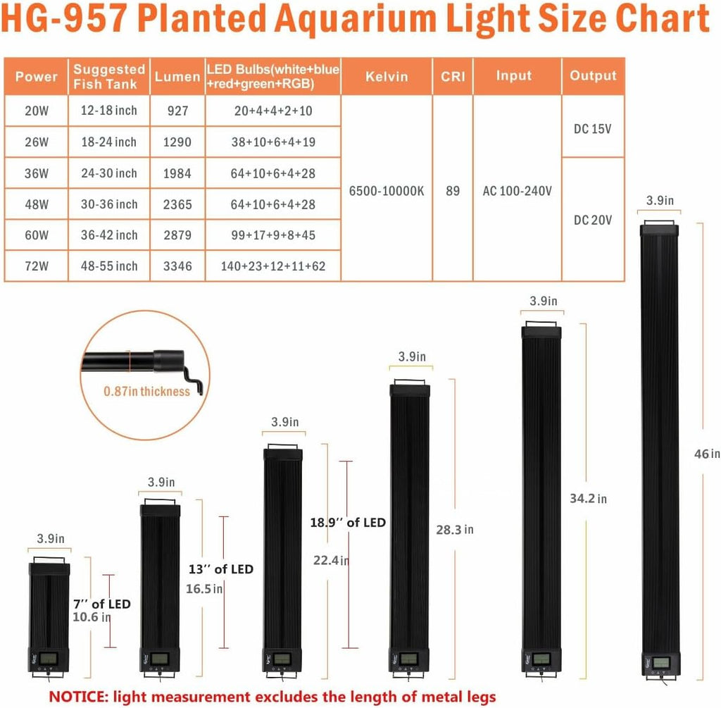 Auto On Off LED Aquarium Light 48-55 Inches Dimmable 7 Colors Full Spectrum Fish Tank Light Fixture for Freshwater