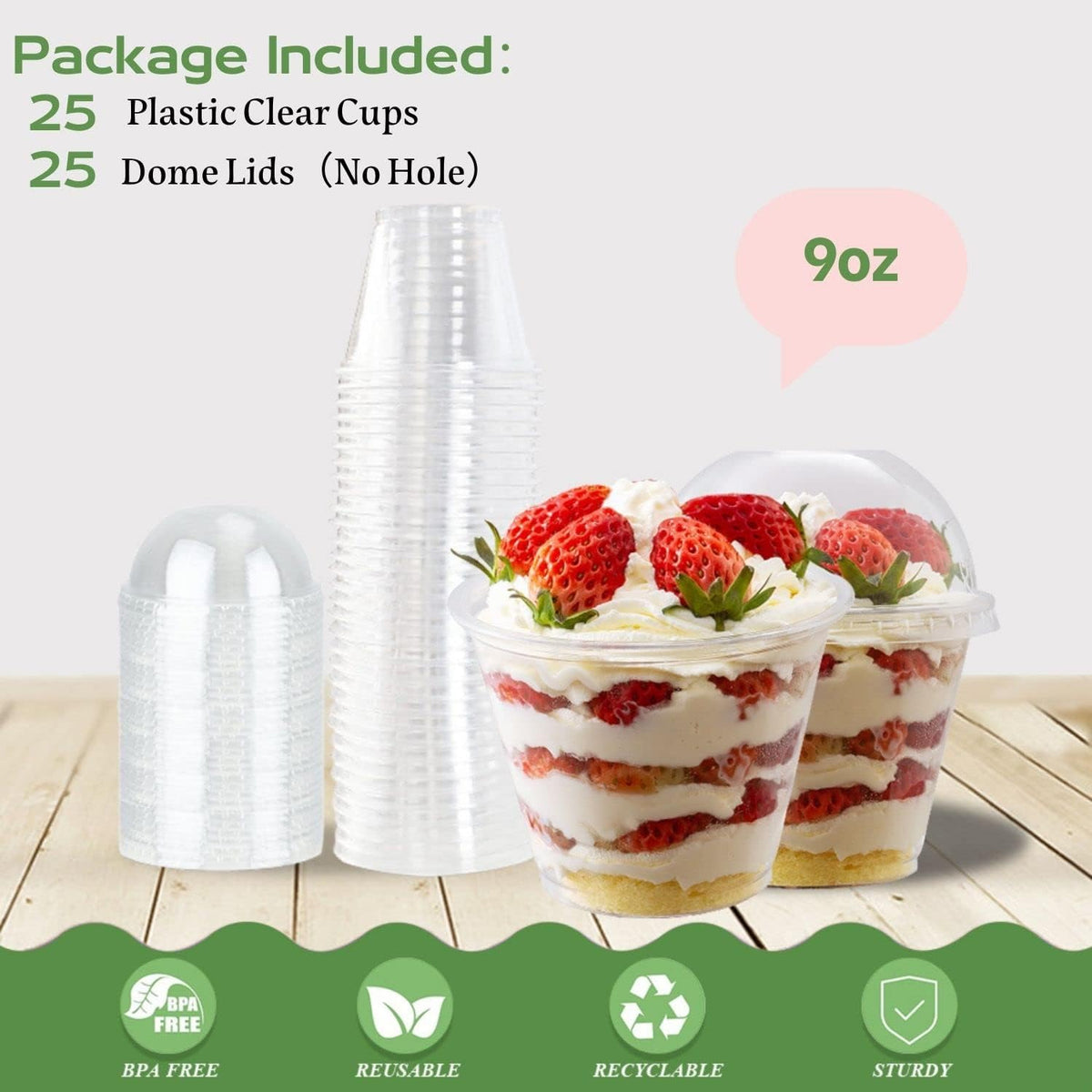 25 Sets 9oz Clear Plastic Parfait Cups with Dome Lids(NO HOLE) - Disposable Dessert Cups with Lids for Dips Snacks