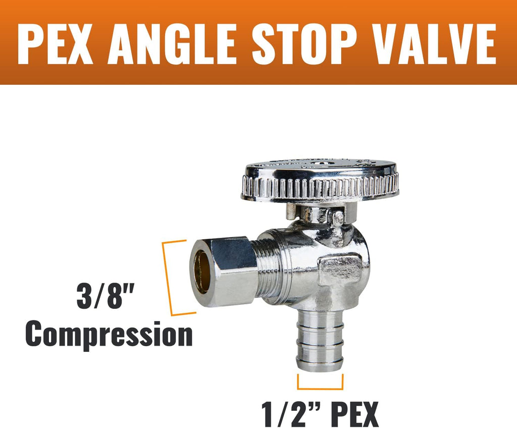 6-Pack Angle Stop Valve, 1/2" PEX x 3/8" OD Compression, 1/4 Turn | Brass, 1/2 inch PEX Shut Off Valves, Chrome Plated
