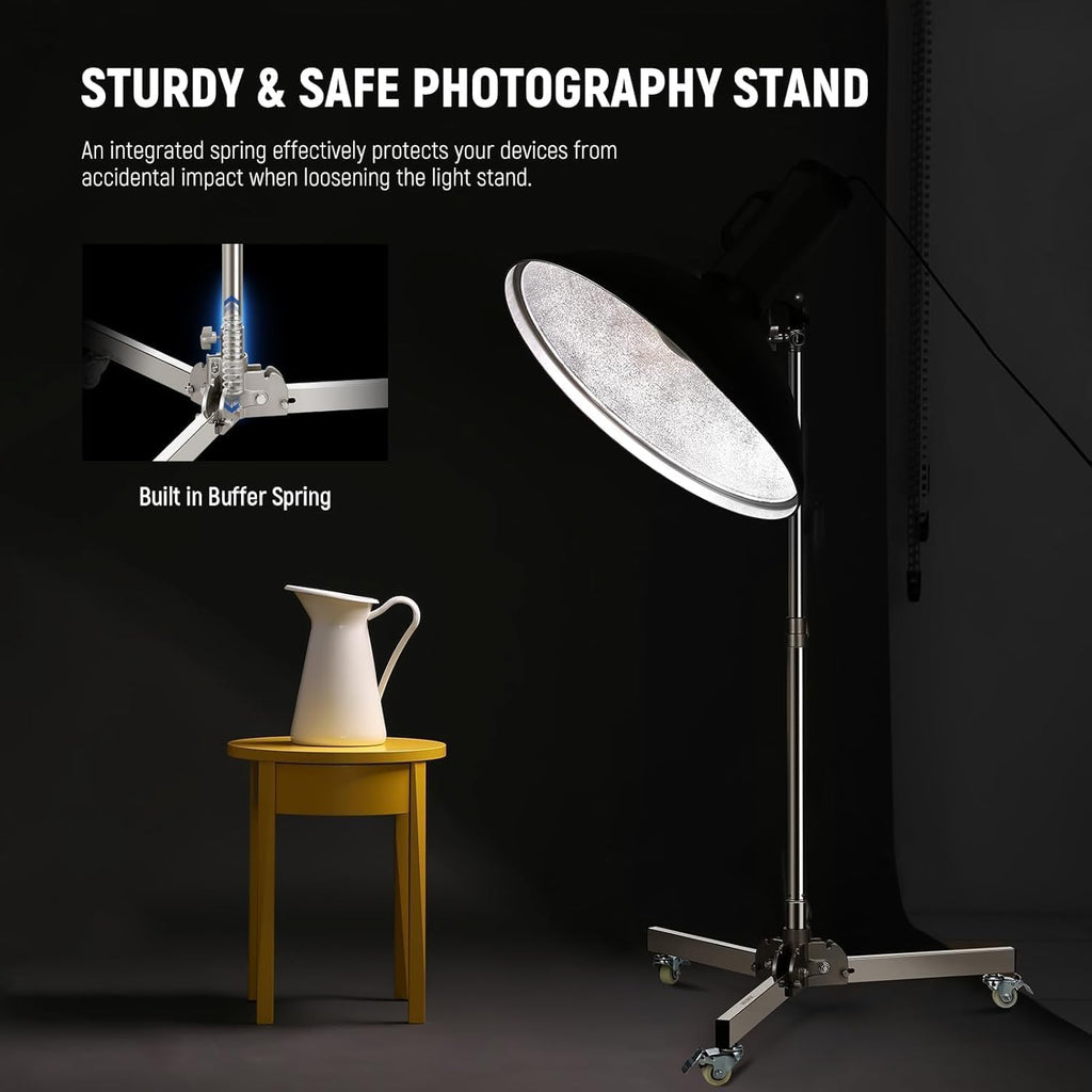 Heavy Duty Light Stand with Casters, Max Height 3.2ft/98cm, Stainless Steel Foldable Adjustable Tripod, Photography