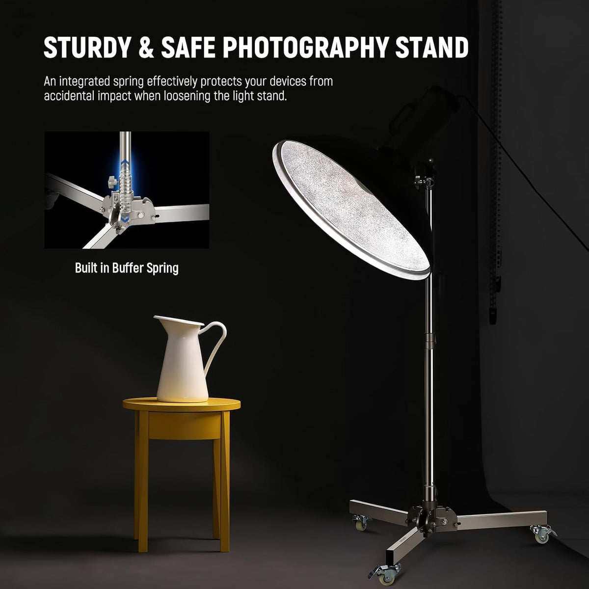 Heavy Duty Light Stand with Casters, Max Height 3.2ft/98cm, Stainless Steel Foldable Adjustable Tripod, Photography