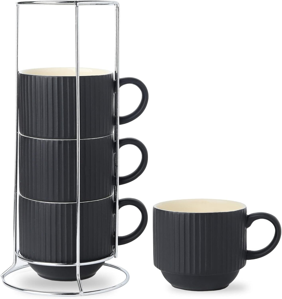 Coffee Mug Ceramic Set of 4 with Stand, Stackable Large Latte Cups with Metal Stand, Dishwasher & Microwave Safe