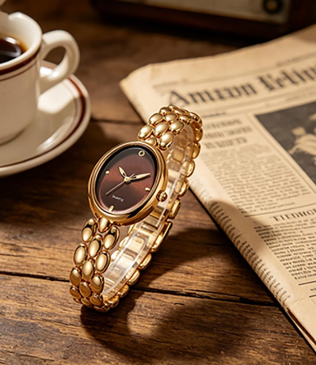 Women’s Oval Bracelet Watch – Minimalist Beaded Link Watch, Lightweight Oval Dial, Quartz Analog Timepiece
