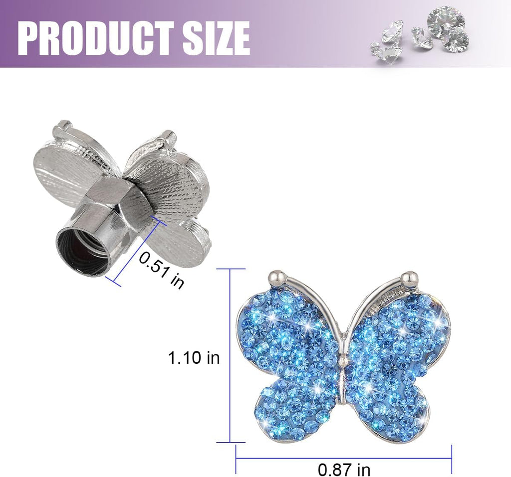 4PCS Bling Butterfly Rhinestone Tire Valve Stem Caps, Light Blue