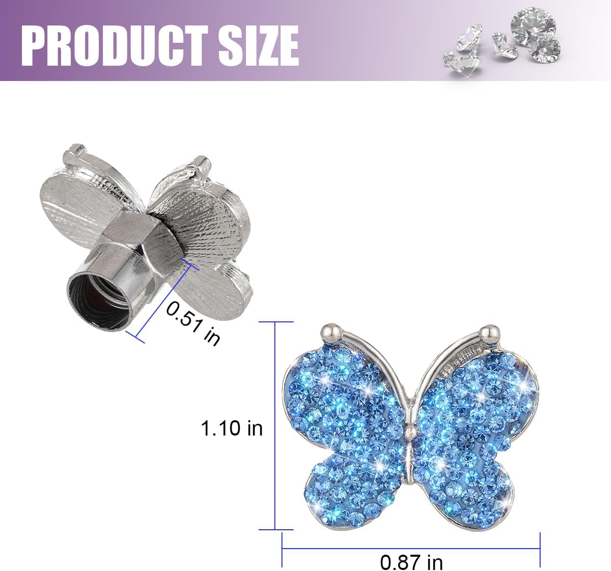 4PCS Bling Butterfly Rhinestone Tire Valve Stem Caps, Light Blue