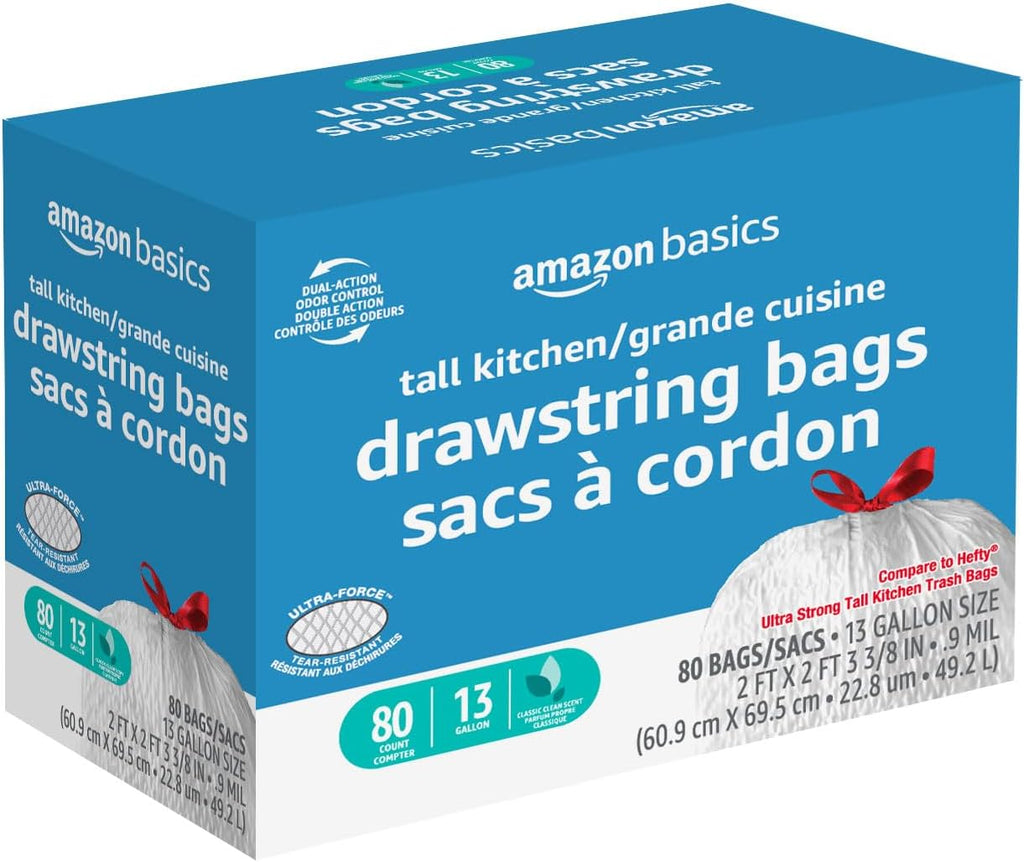 Ultra-Force Tall Kitchen Drawstring Trash Bags, Classic Clean Scented, 13 Gallon, 80 Count with Odor Control