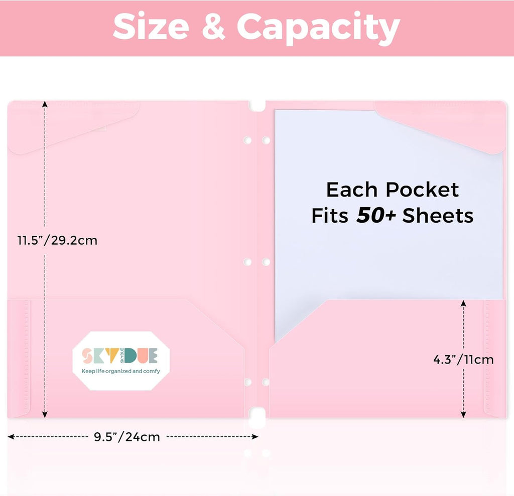 Plastic Folders with Pockets, 6 Pack File Folders with Tabs & Stay-Put Flaps, 3 Hole Punch 2 Pocket Folders for 3