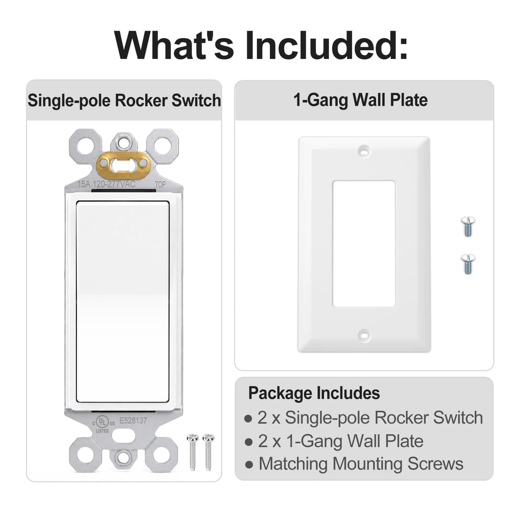 BAOMAIN Single Pole Decorator Paddle Light Switch,15A, Glossy White, 2 Pack