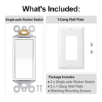 BAOMAIN Single Pole Decorator Paddle Light Switch,15A, Glossy White, 2 Pack