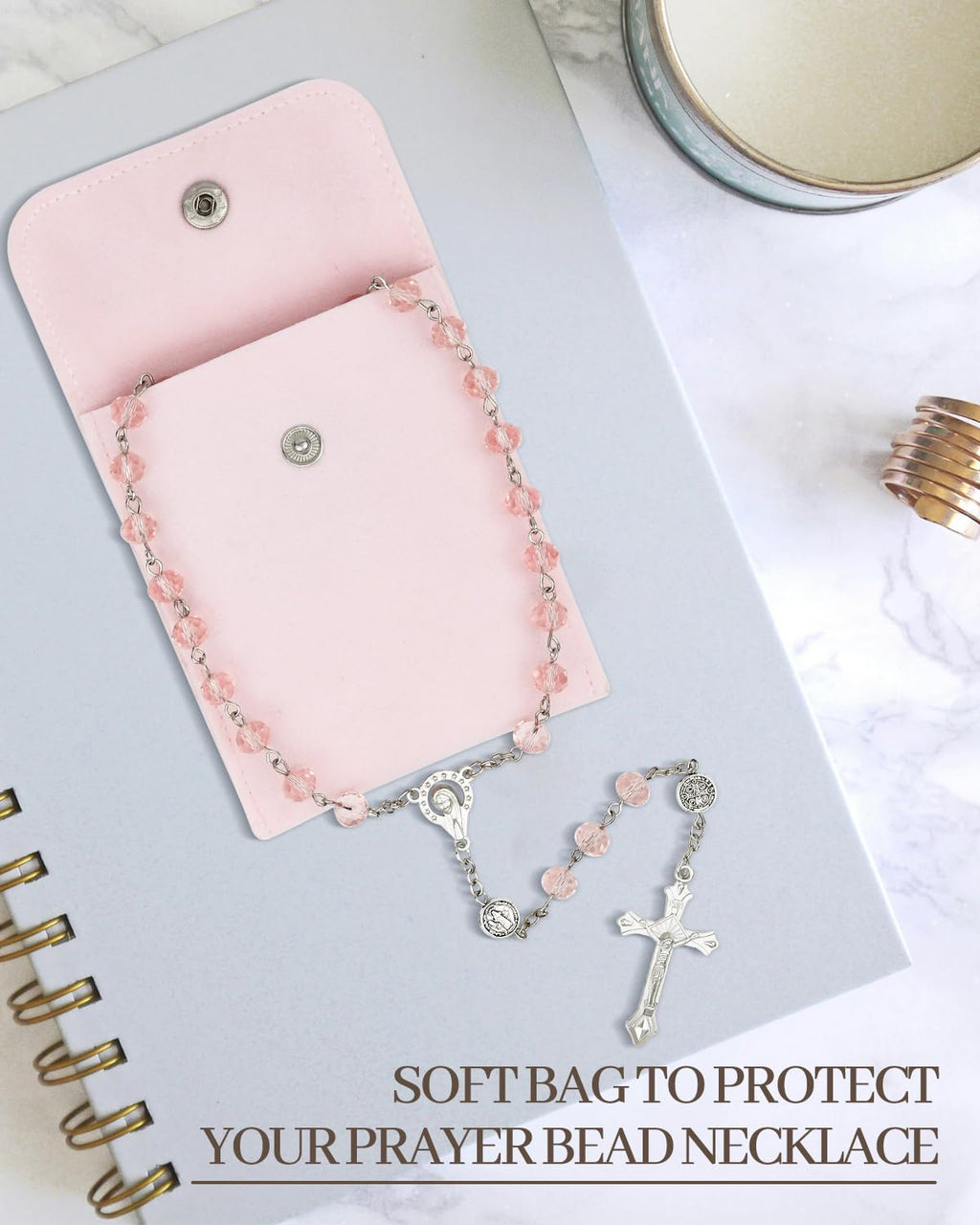 Rosary Beads for Women - Catholic Rosary Beads with Cross, Pink Crystal Rosary Necklace with Velvet Pouch, Religious
