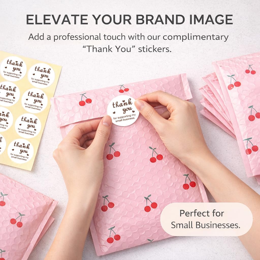 6x10" Bubble Mailers 100 Pack Cherry Pattern Pink Padded Envelopes