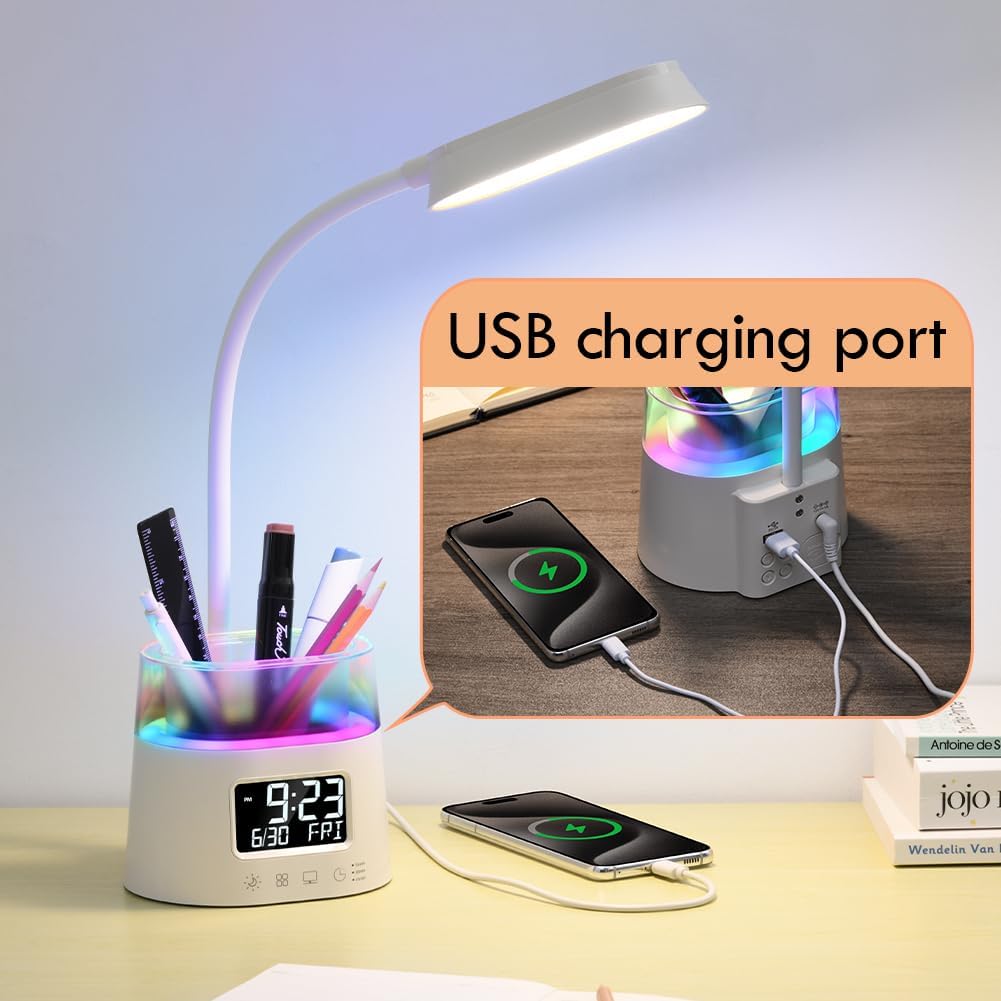 LED Desk Lamps for Home Office with Pen Holder, Table Lamp for Bedroom with USB Charging Port & Clock, RGB Night