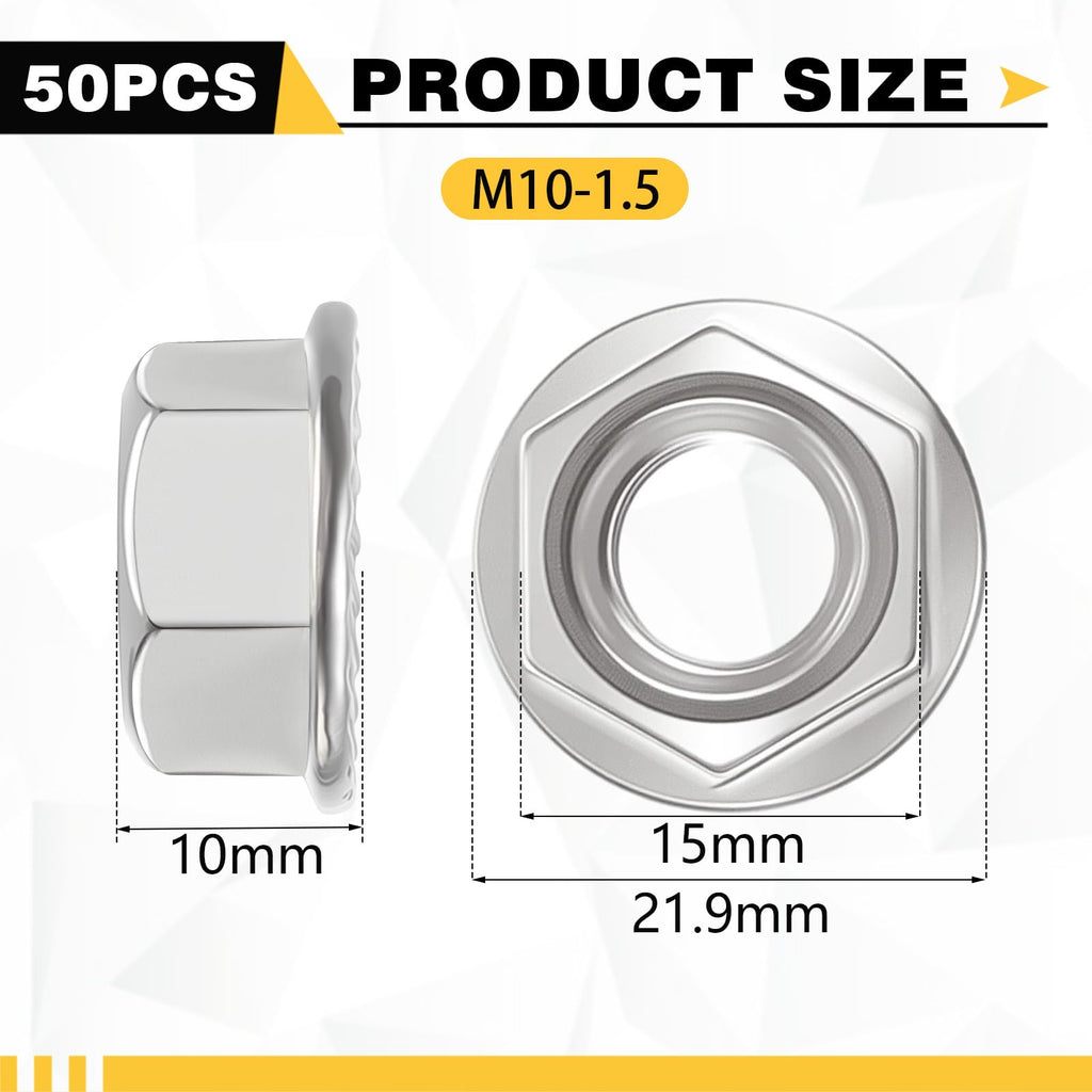 Otoolling 50 Pcs M10 Flange Nuts, M10-1.5mm Serrated Hex Flange Lock Nuts