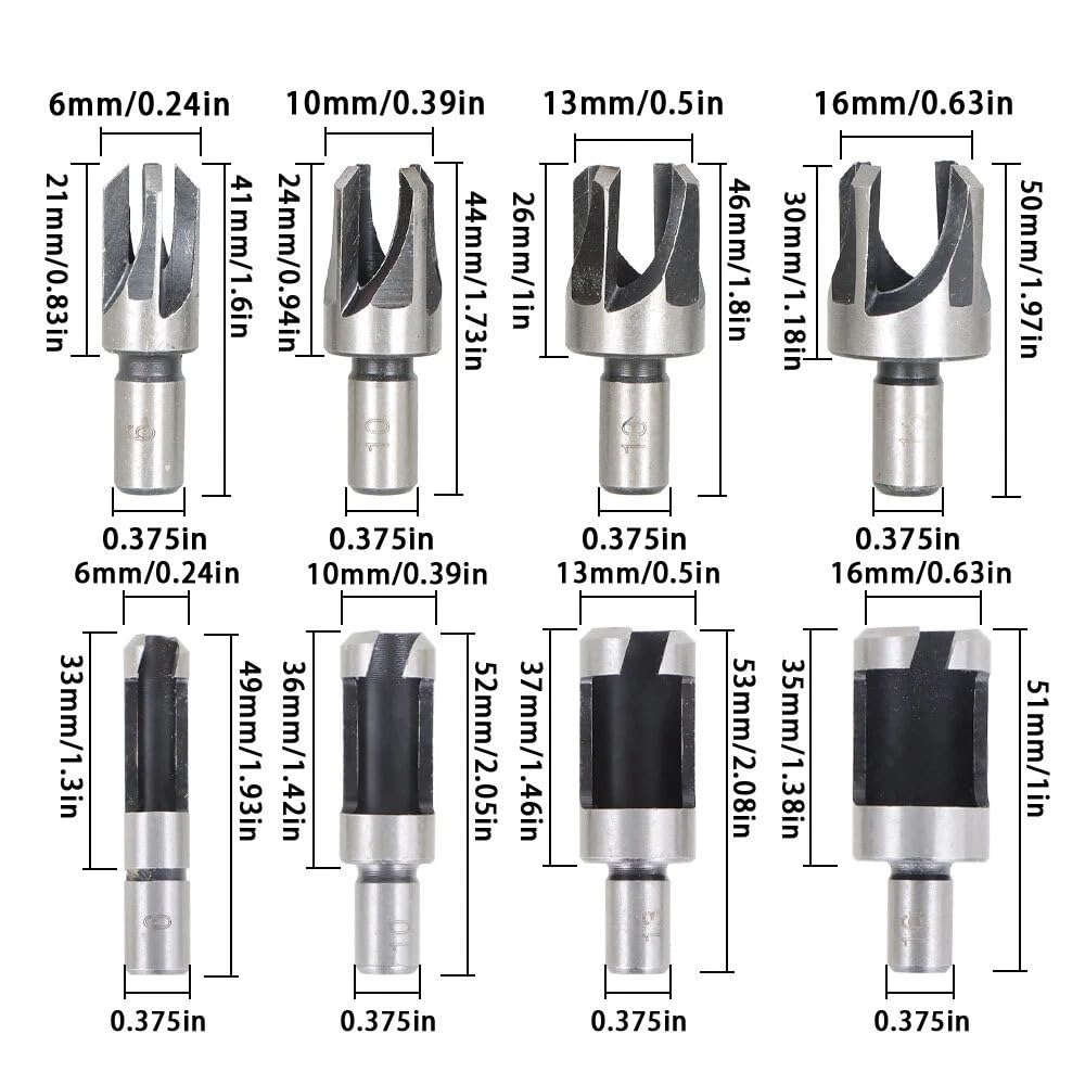 (8 Pack) Carbon Steel Wood Plug Hole Cutter Dowel Maker Shank Drill Bit Set