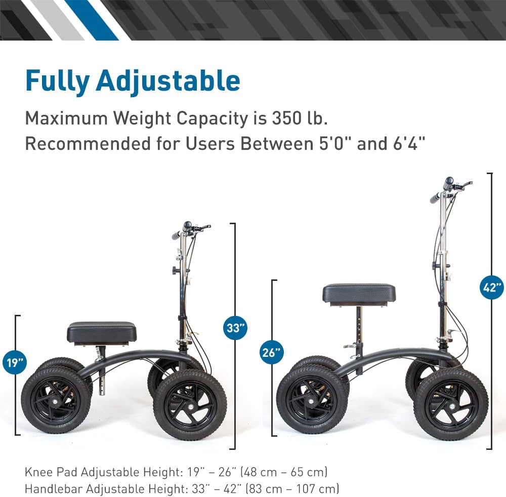 All-Terrain Knee Walker, Steerable for Foot Injuries - Heavy-Duty, Adjustable Scooter with Dual Brakes & Metal Basket