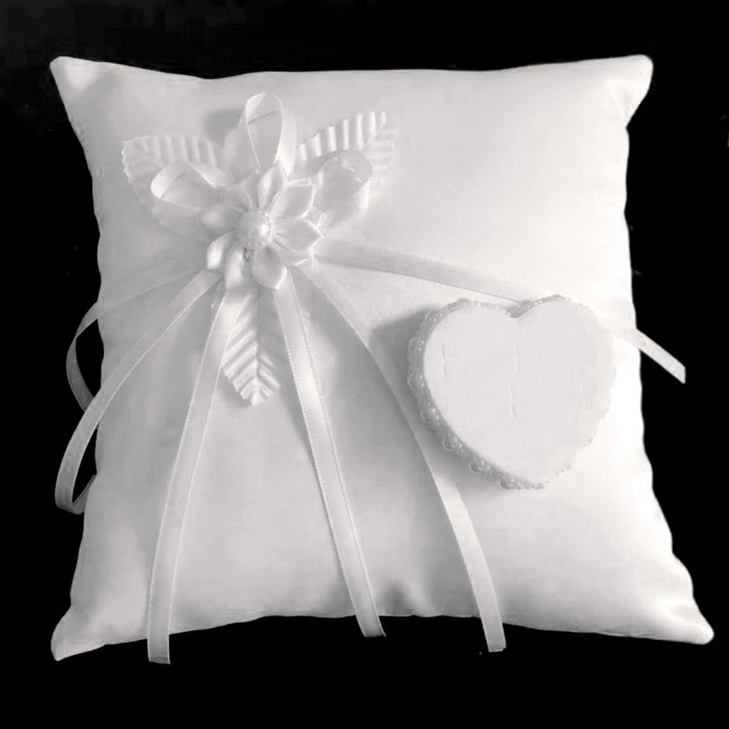 Wedding Ring Bearer Pillow, Ring Cushion White Lace Floral Bow and Heart Ring Holder Box for Wedding Ceremony 7.8 x