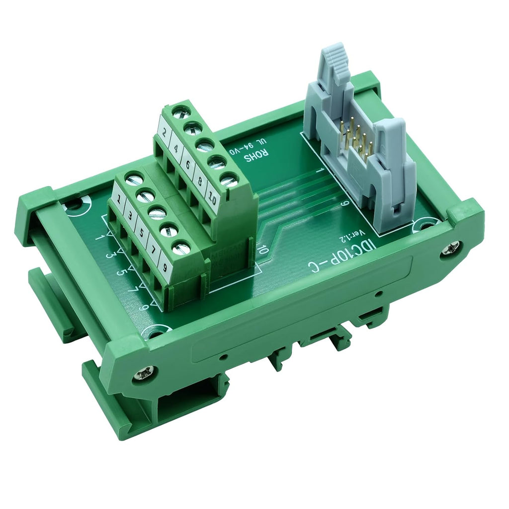 IDC10 2x5 10Pins 0.1" FRC Connector Interface Module DIN Rail Mount Male Header Terminal Block Breakout Board for PLC MCU Flat Ribbon Cable (IDC10 2x5Pin)