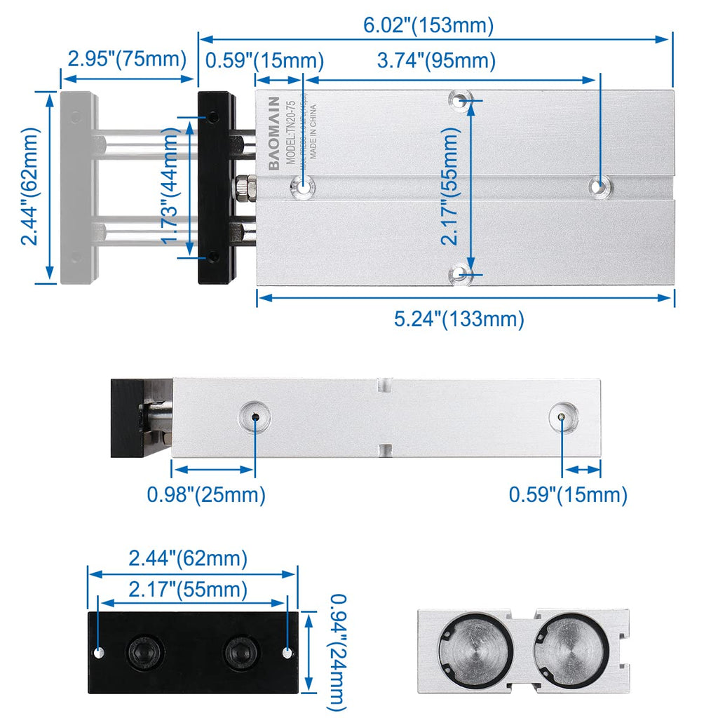 BAOMAIN Double Rod Pneumatic Air Cylinder TN20x75 20mm Bore 75mm Stroke