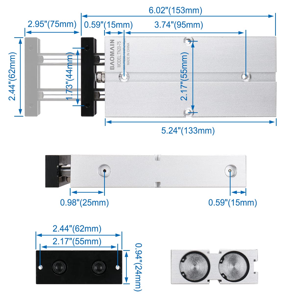BAOMAIN Double Rod Pneumatic Air Cylinder TN20x75 20mm Bore 75mm Stroke