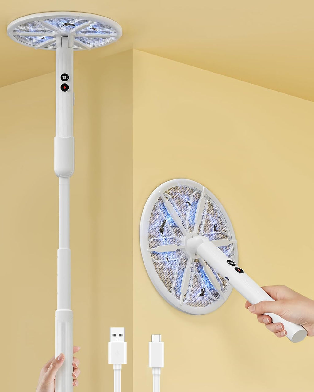 Rotating Head Electric Fly Swatter with 16–40" Telescopic Handle, 4000V | 2-in-1 UV USB Rechargeable Bug Zapper