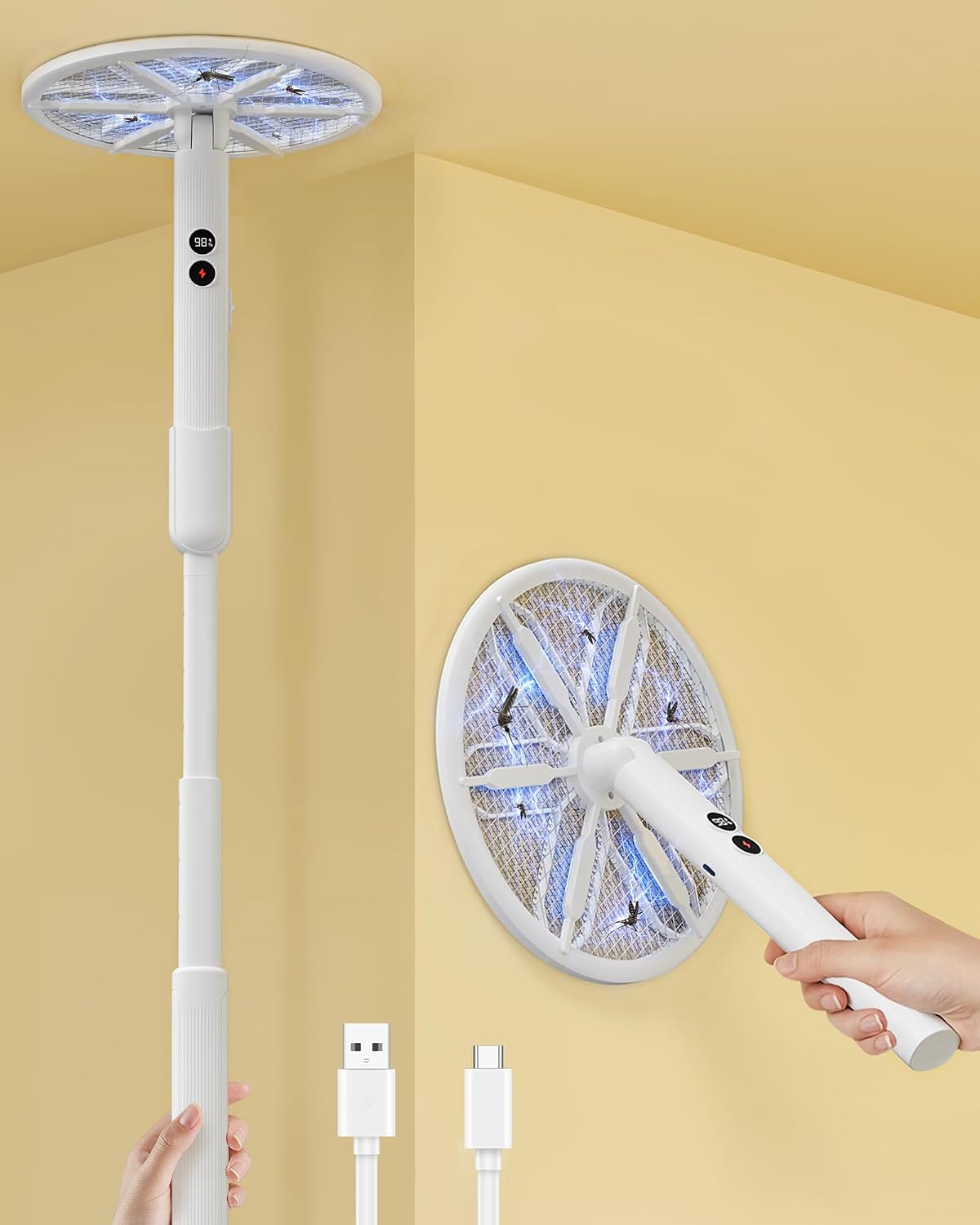Rotating Head Electric Fly Swatter with 16–40" Telescopic Handle, 4000V | 2-in-1 UV USB Rechargeable Bug Zapper