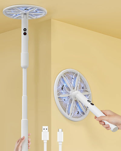 Rotating Head Electric Fly Swatter with 16–40" Telescopic Handle, 4000V | 2-in-1 UV USB Rechargeable Bug Zapper
